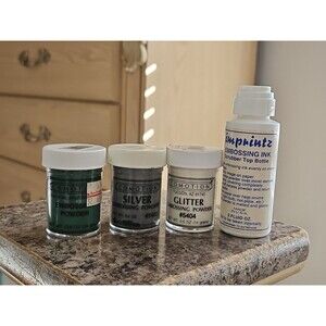 Lot Of 3 New Comotion Embossing Powders .6 oz - Silver, Green & Glitter Plus Ink